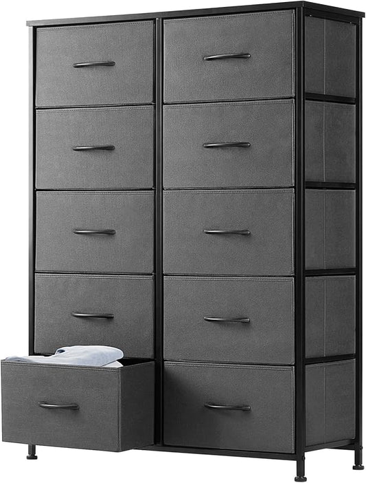 DUMOS Dresser for Bedroom, 10 Storage Drawers, Wide Fabric Closet Chests Organizer Tower Furniture with Wooden Top Metal Frame for Clothes, Guest Room, Living Room, Hallway, Entryway
