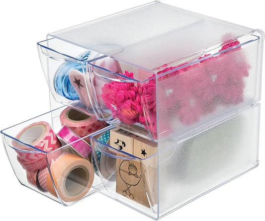 Deflecto Stackable Cube Organizer, Desk and Craft Organizer, 4 Drawers, Clear, Removable Drawers and Dividers, 6"W x 6"H x 7 1/8"D (350301CR)