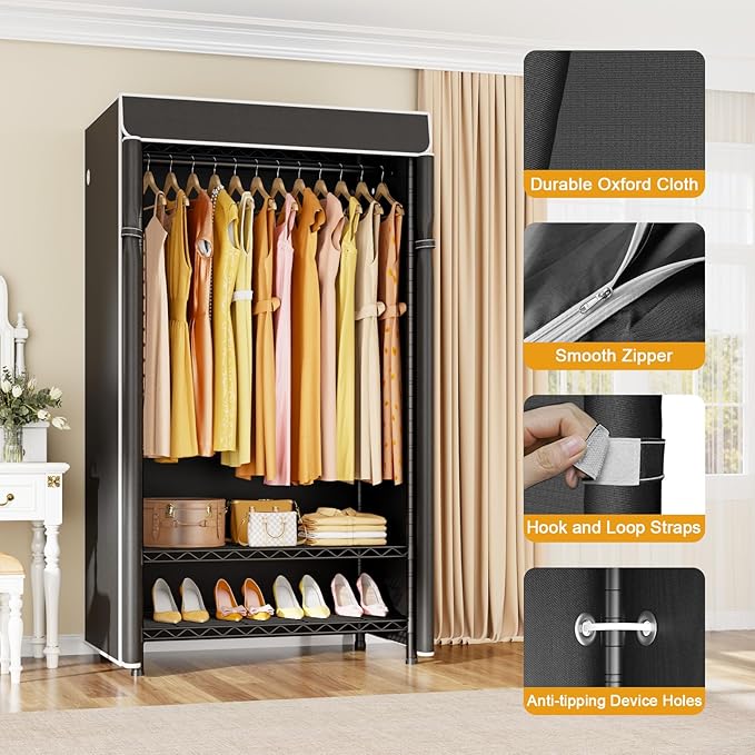 ULIFHOME H5C Clothes Rack with Cover, Portable Closet for Hanging Clothes, Covered Clothing Racks Heavy Duty, Freestanding Garment Racks with Shelves Max Load 360LBS Black Closet Rack with Black Cover
