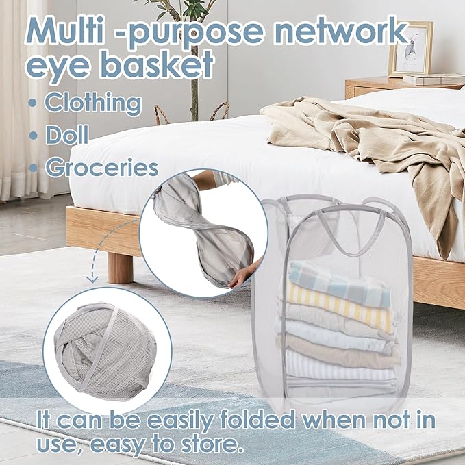 Foldable Pop Up Laundry Hamper – Set of 2 Collapsible Mesh Baskets with Handles for Kids, Baby, Dorm or Travel, Dual-Use Laundry Organizers for Clothes, Toys, Storage – Gray