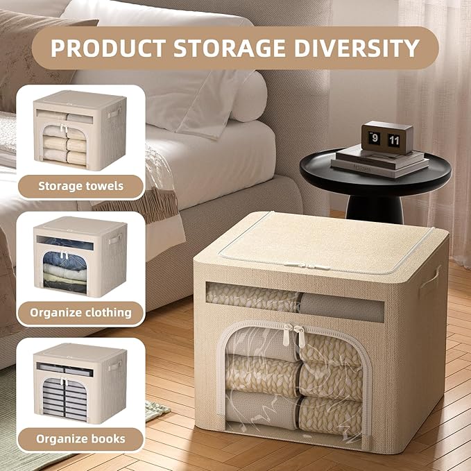 FHSQX 6 Pack Foldable Storage Bins for Clothes Clothes Storage Bins with Metal Frame Stackable Storage Box with Lid (Beige, 19.7x15.7x13.8 inch (70L))