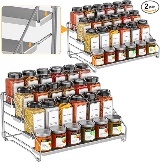 BOIVSHI 4 Tier Spice Rack Organizer for Cabinet, Spice Rack Organizer, Depth Adjustable Spice Organizer for Cabinet, Countertop, Cupboard, Pantry, Seasoning Shelf, Metal, Gray (2 Pack)