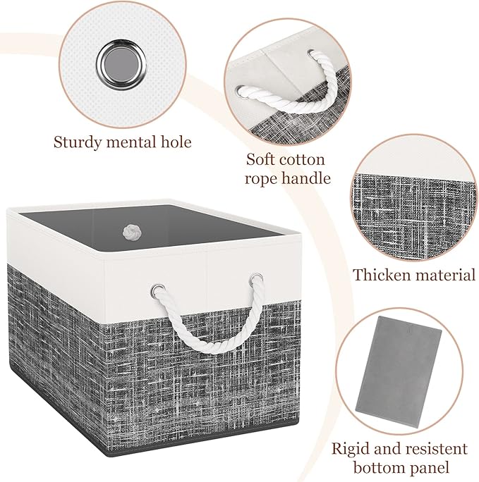 StorageTastic Storage Bin,Collapsible Storage Basket For Organizing,Large Storage Boxes With Rope Handles,Storage Containers,White & Black,3 Pack