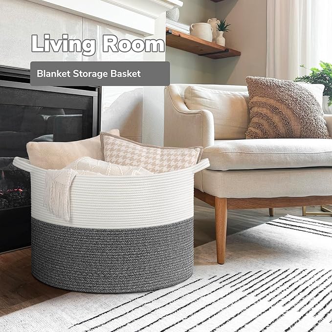 Goodpick 115L Extra Large Blanket Basket, Soft Cotton Rope Storage Basket for Organizing, Home Decor, Toys, Toy Storage Organizer for Living Room & Nursery, Grey