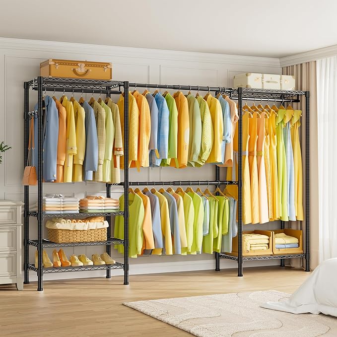 SEMHOR E06 Expandable Heavy Duty Clothes Rack for Reach-in Closet, Freestanding Clothing Racks with Shelves, Carbon Steel Closet Organizer System Adjustable from 70.8-93.9", Max Load 800LBS, Black
