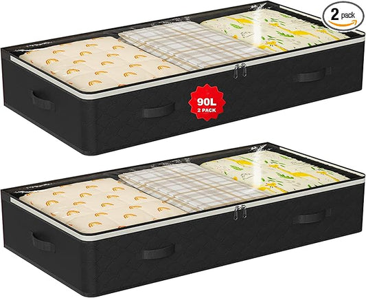 90L Under Bed Storage Containers,2-Pack Closet Organizers and Storage Bins,for Organization and Storage Clothes, Shoes, Blankets & Pillows,Visible Transparent Top Storage Bins with Lids, Black