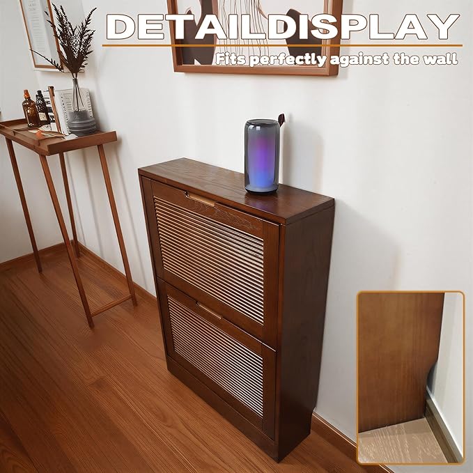 Solid Shoe Storage Cabinet with 2 Flip Drawers, Narrow Wood Shoe Organizer Cabinet with Fluted Panel, Slim Shoe Rack for Entryway, Freestanding Shoe Cabinet for Entryway Hallway Foyer，Walnut