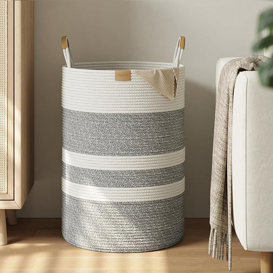 Nunsino 95L Striped Laundry Hamper with Leather Handles,Large Foldable Laundry Basket for Clothes,Cotton Rope Storage Bin for Blankets,Woven Clothes Basket for Bedroom,Gray Stripes