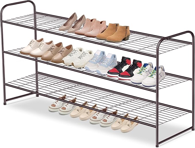 AOODA Long 3 Tier Metal Shoe Rack for Closet Wide Stackable Shoe Storage Organizer for Entryway, Bedroom, Floor, 24-Pairs Men Sneakers Shoe Shelf with Wire Grid, Brown