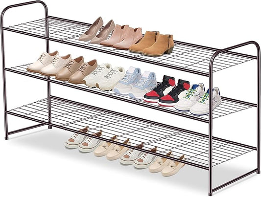 AOODA Long 3 Tier Metal Shoe Rack for Closet Wide Stackable Shoe Storage Organizer for Entryway, Bedroom, Floor, 24-Pairs Men Sneakers Shoe Shelf with Wire Grid, Brown