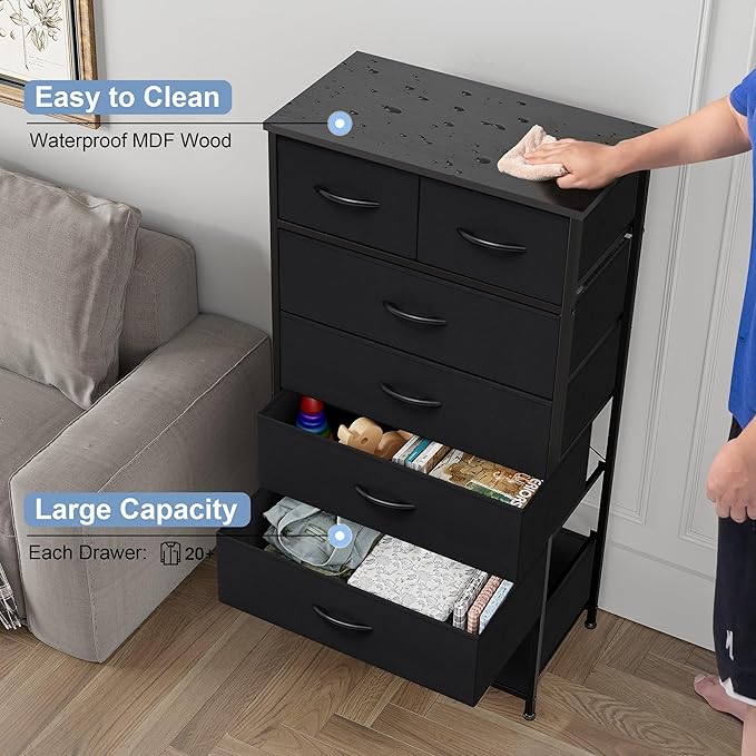 Crestlive Products Vertical Dresser Storage Tower - Sturdy Steel Frame, Wood Top, Easy Pull Fabric Bins, Handles - Organizer Unit for Bedroom, Hallway, Entryway, Closets - 7 Drawers (Black)