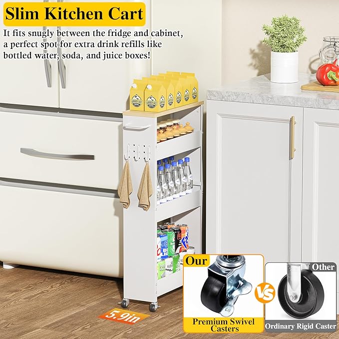 OKZEST Utility Slim Storage Cart, 4-Tier Narrow Laundry Room Bathroom Organizers and Storage Cart, Metal Pantry Kitchen Organization Shelf with Wood Top, Slim Rolling Rack with Wheels for Small Space