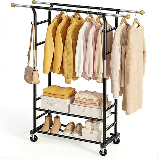 Clothes Rack with 3-Level Height Adjustment - Double Rod Extendable Hanging Rails with Wooden Finials, Luxury 2-Tier Metal Storage Shelves - Sturdy Wardrobe Rack for Closet, Bedroom or Laundry