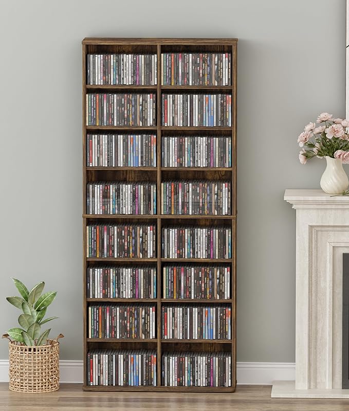 DVD Storage Tower, 16 Shelf Multimedia Storage Tower with Adjustable Shelves 8-Tier CD Cabinet for Living Room Home Office