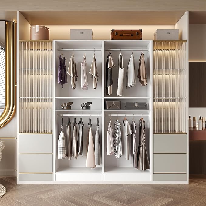 VOWNER 25'' Freestanding Closet System with Shelves, Wood Closet Organizer System with Hanging Rods, Walk-in Closet Tower, Clothes Garment Rack, Wardrobe Closet for Bedroom Entryway (1, White)