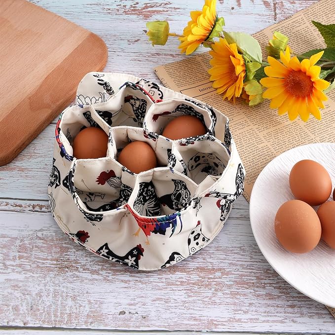 JJUNW 1 Pc Egg Collection Basket, Farmhouse Chicken Egg Holder with 7 Bags, Handheld Egg Purse Egg Basket for Collecting Fresh Eggs, Housewife Garden Transport Storage(Beige Chicken)