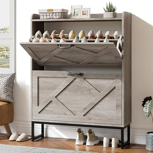 Nicetree Shoe Storage Cabinet with 2 Flip Drawers, Freestanding Shoe Organizer, Shoe Cabinet with Metal Legs, Narrow Shoe Rack Cabinet, Farmhouse Slim Shoe Cabinet for Entryway, Hallway, Rustic Gray
