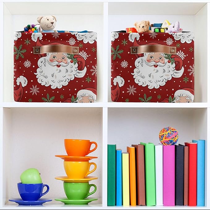 xigua Christmas Decoration Storage Basket Santa Collapsible Storage Bins Waterproof Canvas Storage Basket with Leather Handles for Home Closets Offices,Bedrooms,Gift Baskets,1PCS