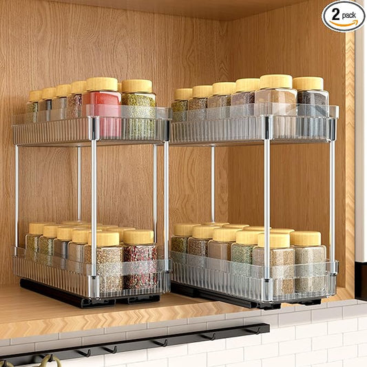 DABIGE 2 Pack Pull Out Spice Rack Organizer for Cabinet, 2 Tier Slide Out Spice Racks Organizer, Spice Cabinet Organizers, Cabinet Size Need:12'' High x 11'' Deep x 5'' Wide, Clear Acrylic