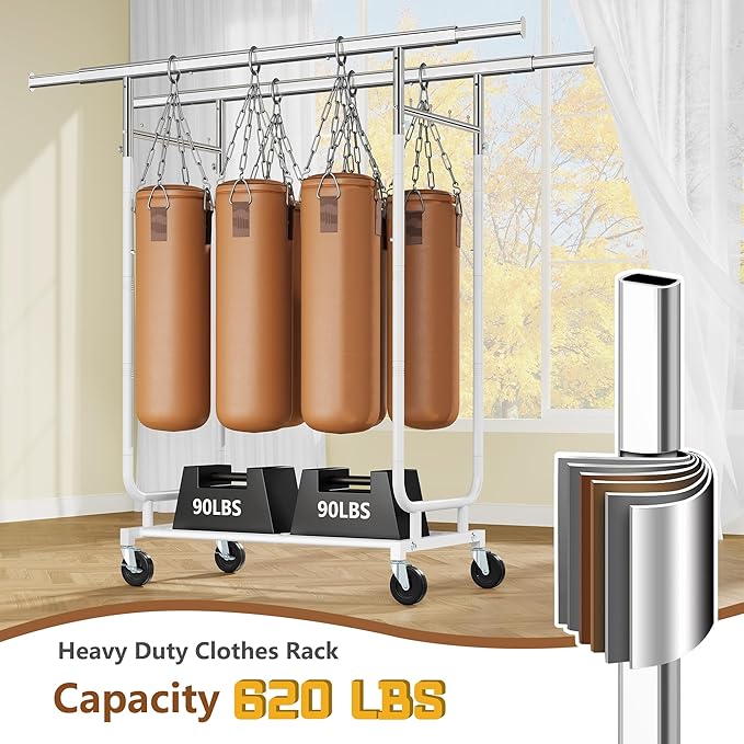 Heavy Duty Rolling Clothes Rack, 620 LBS Load Double Rod Adjustable Garment Rack with Storage Shelves & Lockable Wheels, Portable Clothing Rack for Hanging Clothes for Bedroom, Laundry Living Room