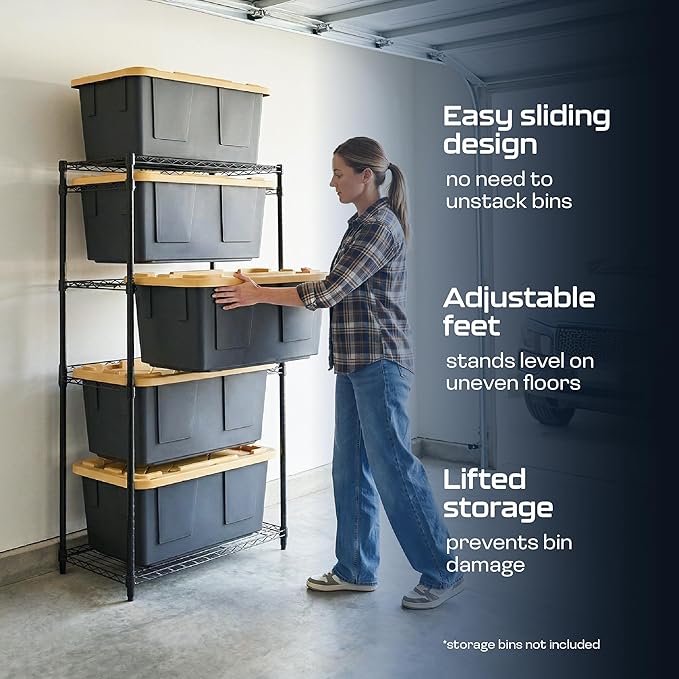 MonsterRAX 5-Tier Side-Load Heavy Duty Garage Slide Bin Storage Rack for 27-Gallon Totes. Industrial metal organization, 250lb capacity, NSF Certified. (Bins not included) (Black) (Black)