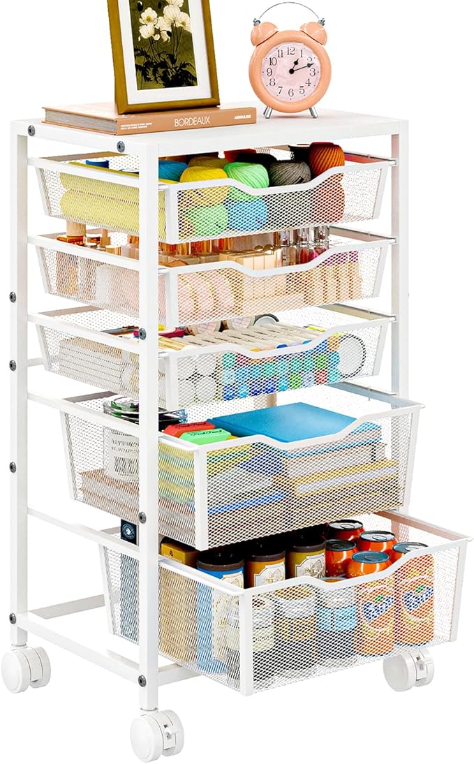 Sbanmao Rolling Storage Cart with 5 Drawers, Metal Utility Cart with Lockable Wheels, Craft Storage Art Cart, Rolling Drawer Cart for Living Room, Bedroom, Bathroom, Office, Home, White