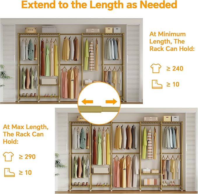 Higeego H5 Pro Heavy Duty Clothes Rack Wardrobe Closet for Hanging Clothes, Freestanding Garment Rack with Expandable Hanger Rods, Closet Organizer and Storage, (97.7-115.4")L x 15.7"W x 75.4"H, Gold