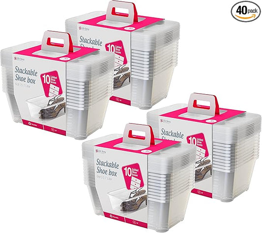 Life Story 6 Liter Plastic Storage Container Set, Stackable Shoe, Accessory, and Home Closet Organizational Tote Bins with Secure Lids, 40 Pack, Clear