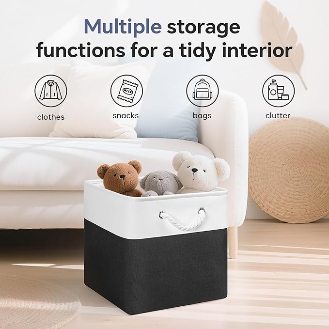 ECDYQXVU 13x13 Inch Cube Storage Bins with Reinforced Bottom Cardboard, 6 Pack Large Foldable Fabric Storage Cubes with Handles for Shelf, Closet, Laundry Organization (White&Black)