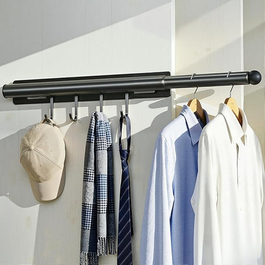 Lewondr Valet Rod for Closet Pull Out, 12" Adjustable Heavy Duty Extending Closet Rod, Valet Clothing Hanger Rods Extender for Wardrobe, Laundry Room, Bedroom, Bathroom, Black, 1 Pack