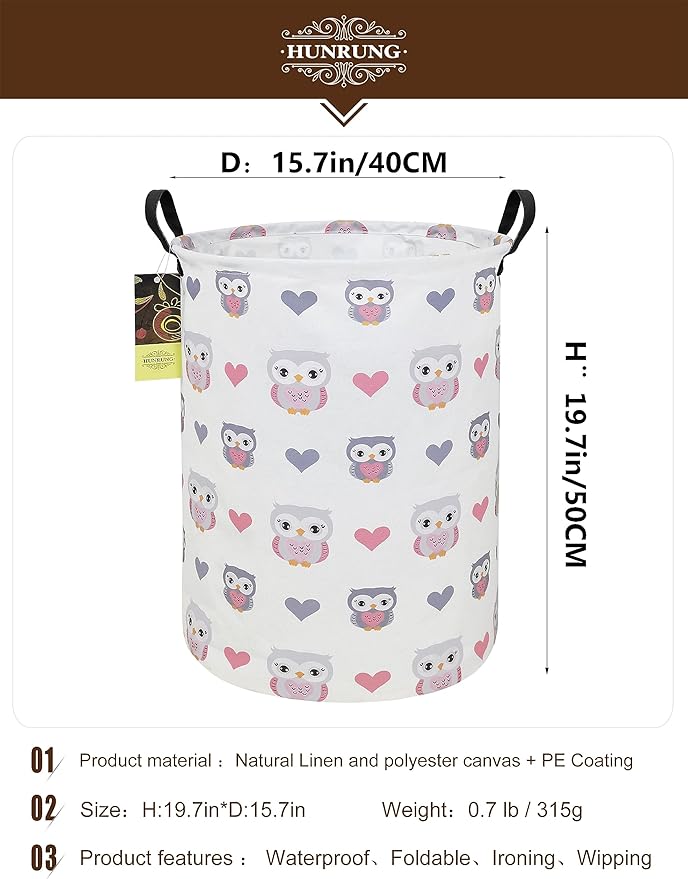 HUNRUNG Collapsible Fabric Storage Basket, Waterproof Laundry Hamper with Handles, Round Storage Bin for Clothes Toys, Foldable Organizer for Bedroom Nursery Bathroom(Round-Love Owl)