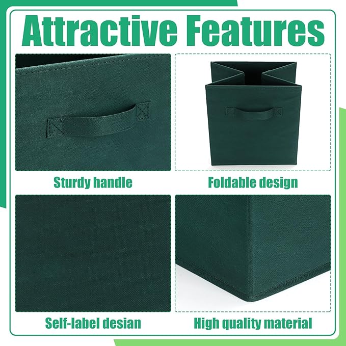 Karenhi 11" x 10. 5" x 10. 5" Green Storage Cube, 6 Pack Fabric Cube Storage Bins Organizer Box, Collapsible Baskets with Handles Foldable Shelf for Cloth Toys Home Room Closet, Pack of 6