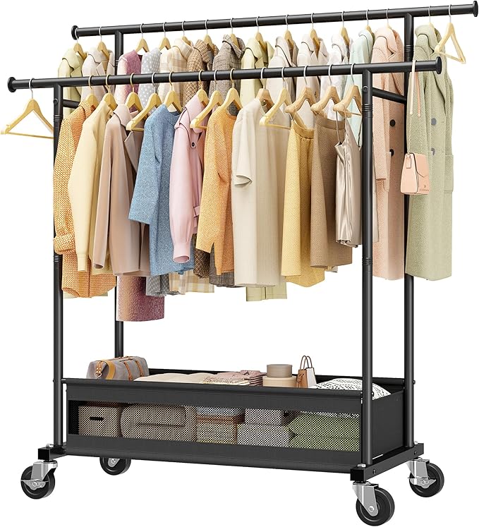 Clothes Rack, Double Rods Clothing Rack, Clothing Racks for Hanging Clothes, Rolling Clothes Rack with Storage Basket & Heavy Duty Wheels, Garment Rack for Bedroom, Laundry Room, Black