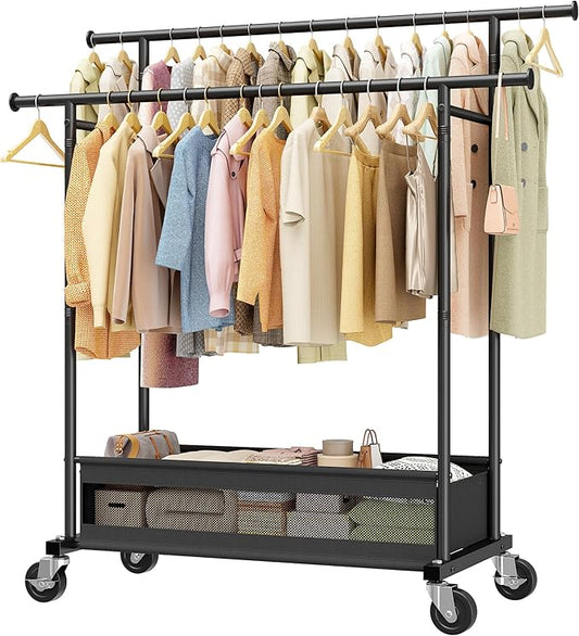 Clothes Rack, Double Rods Clothing Rack, Clothing Racks for Hanging Clothes, Rolling Clothes Rack with Storage Basket & Heavy Duty Wheels, Garment Rack for Bedroom, Laundry Room, Black