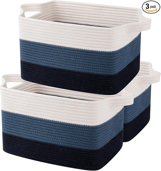 OIAHOMY Storage Basket, Woven Baskets for Storage, Cotton Rope Basket for toys,Towel Baskets for Bathroom - Pack of 3, Gradient Blue