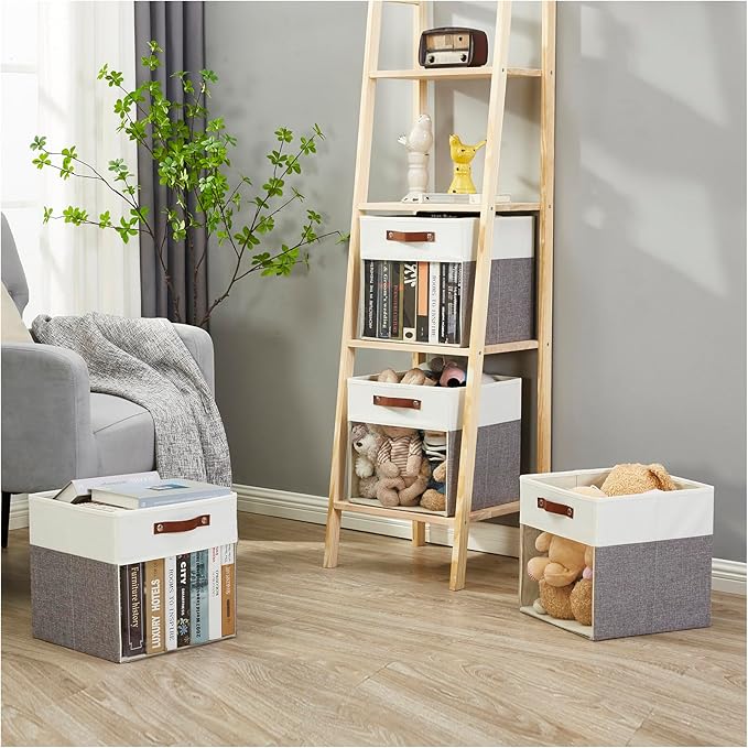 Bagnizer Storage Cubes, 4 Pack Linen Foldable Storage Bins (13 x 13 inch) with Clear Window and 2 Handles, Closet Organizers and Storage for Shelf Closet, Clothes, Books - (Gray and White)