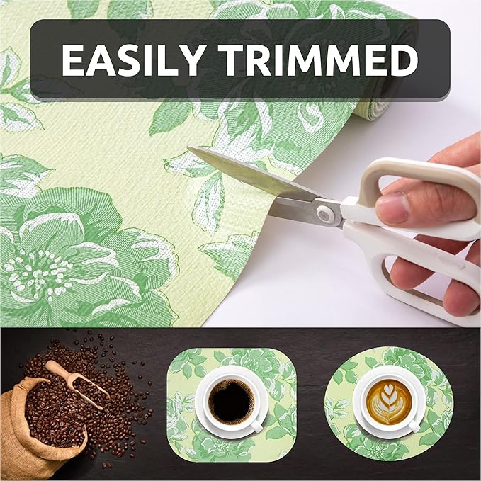 FIFTY FEET 18X96 Inch Shelf Liner for Kitchen Cabinets, PVC Drawer Liner for Dresser Non-Slip Bathroom, Non-Adhesive Cabinet Liner Washable (Green Flower)(1 Roll)