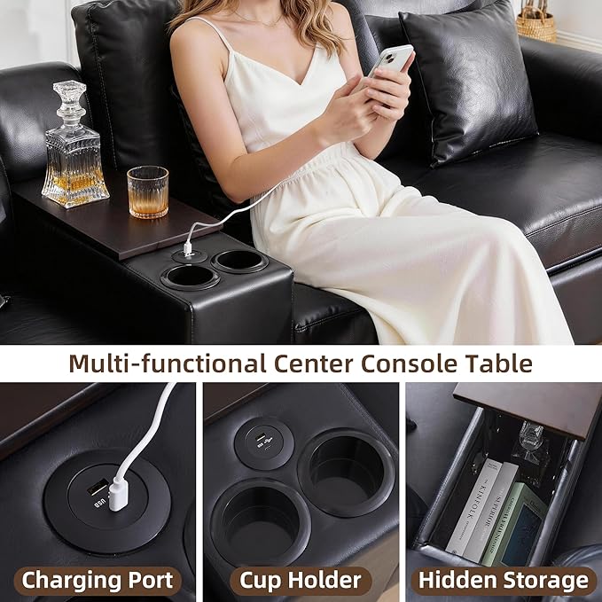 LEVNARY 6-Seat U Shaped Modular Sectional Sofa with Power Recliners, Upholstered Faux Leather Couch Storage Console with Charging Ports & Cup Holders, Living Room Couch Set for Home Office (Black)