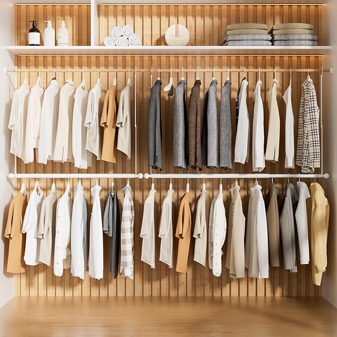 SUTINE Closet Rods for Hanging Clothes, Adjustable Metal Closet Extender Hanging Rod, Space-Saving Closet Rod Extender Clothes Hanging Bar, Closet Poles for Hanging Clothes (White, 31.5-47.2 IN)