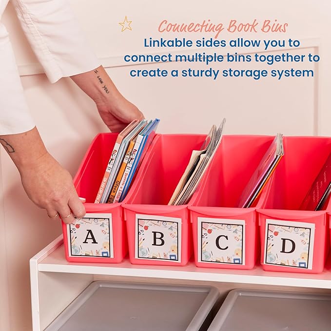 ECR4Kids Linking Plastic Storage Book Bin, Multipurpose Organization, Neon Orange, 10-Piece