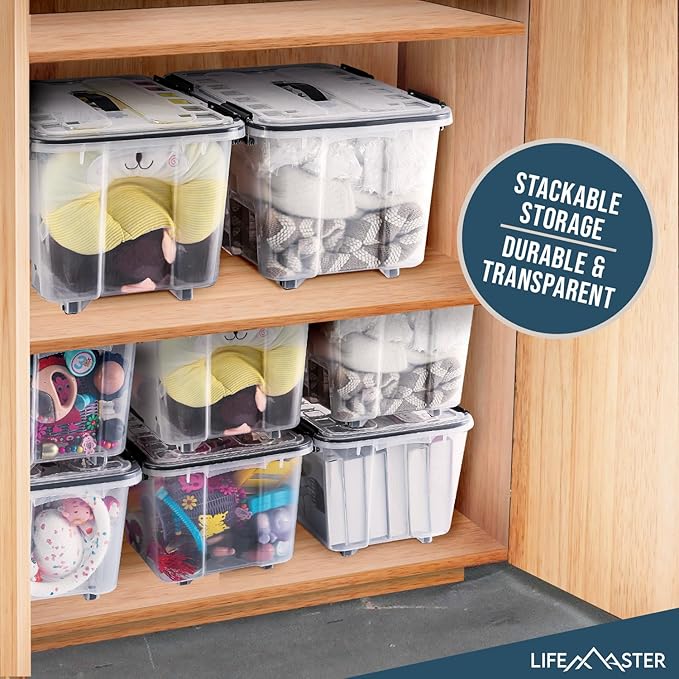 Lifemaster Stackable Storage Box Set - 6 Pieces 12 Quarts Multi-purpose, Space-Efficient Stackable Storage Boxes with Nestable Design, Secure Latches, Easy-Move Wheels & Pull-Out Base - Clear