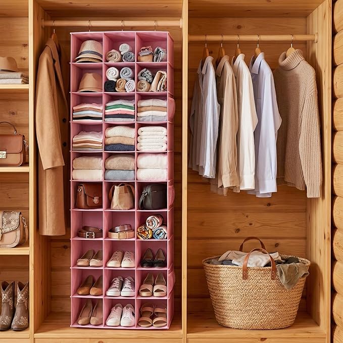 coastal rose Hanging Shoe Organizer for Closet, 30 Sections Hanging Closet Organizers and Storage Shelves Space Saving Shoe Racks Holder Pink,17" W×11.5" Dx 48" H