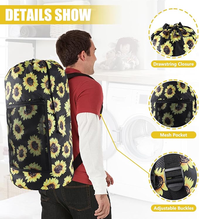 Olosar Laundry Bag Backpack, 2PCS Extra Large Travel Laundry Bag with Mesh Pocket & Adjustable Shoulder Straps,Dirty Clothes Travel Bag for College Students Dorm,Apartment(Sunflower)