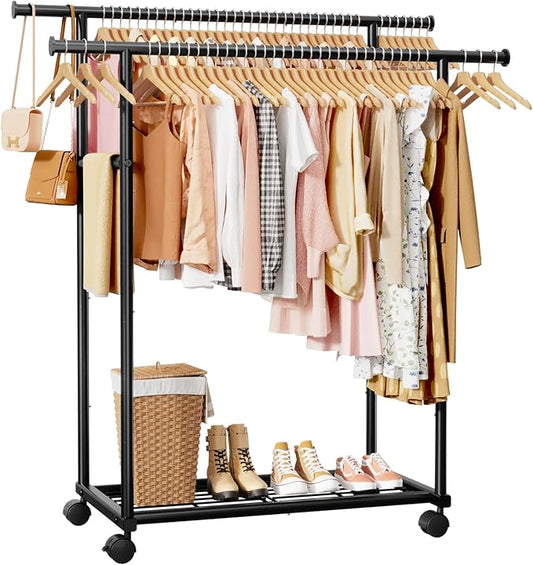 Sakugi Metal Clothes Rack - Double Rod Clothing Rack with Fixed Design and Rolling Wheels, Coat Rack with Built-In Shelf for Closet Organizers and Storage (38.5" x 16.9" x 59.0", Black)