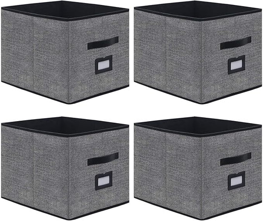 Onlyeasy Extra Large Foldable Cloth Storage Cubes 4 Pack with Label Holders - Fabric Storage Bins Baskets Organizers for Home Office Nursery with Handles, 13 L x 15 W x 13 H Inch, Black, MXABXL04PLP