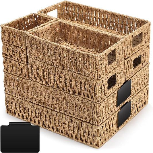 Marsui 9 Pcs Paper Rope Storage Baskets with Handle Labels Handwoven Multi-size Primary Color Storage Bins for Organizing Small Baskets Container for Shelves Closet Pantry Toilet