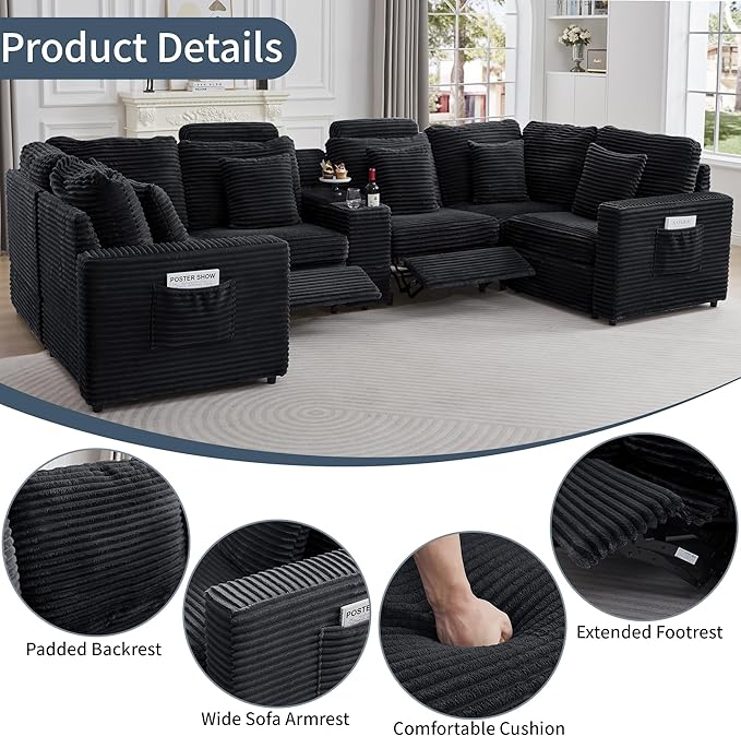 LEVNARY 6-Seat U Shaped Modular Sectional Sofa with Power Recliners, Faux Rabbit Fur Upholstery, Storage Console with Charging Ports & Cup Holders, Living Room Couch Set for Home Office (Black)