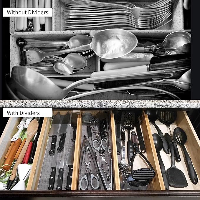Utoplike 4 pcs Bamboo Kitchen Drawer Dividers Large, Adjustable Drawer Organizers, Spring Loaded, Expandable Organization Works in Kitchen, Dresser, Bathroom, Bedroom, Drawer, Desk