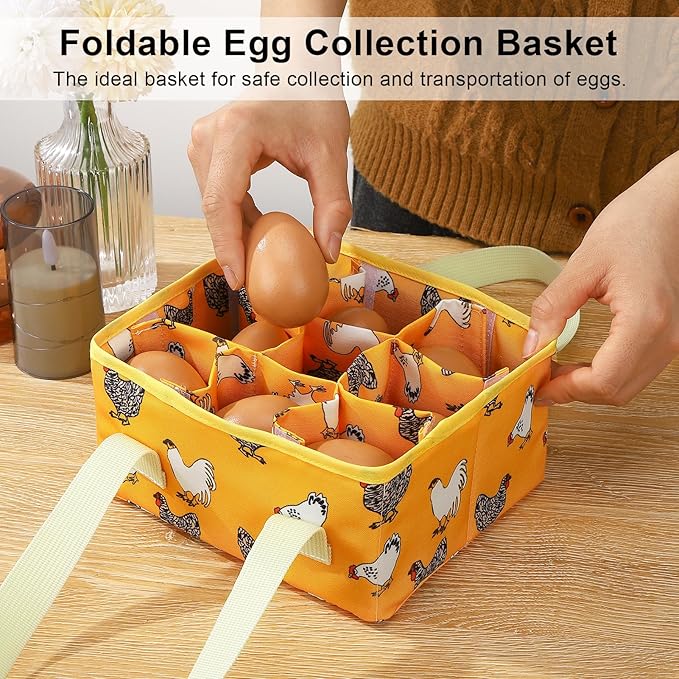 Removable Egg Collecting Basket, Egg Basket for Gathering Fresh Eggs with 9 Pouches, Foldable Canvas Egg Holder, Collector Egg for Chicken, Duck, Goose, Collection (Yellow-flowered Chicken)