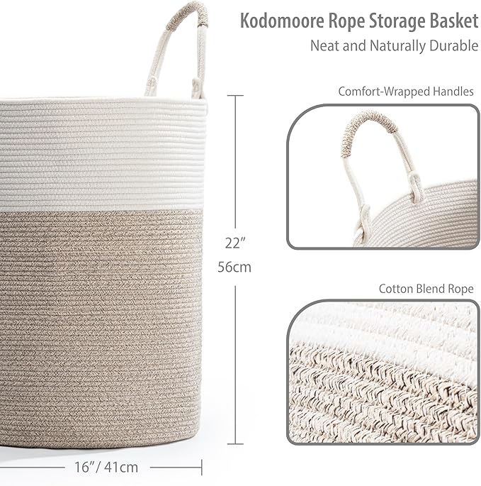 Laundry Basket – Laundry Hamper for Clothes, Blankets, Yoga Mat – Woven Cotton Rope Basket for Living Room, Nursery Room – Boho Style – 16”D x 22”H – White & Beige Brown